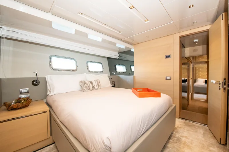 Slide: The Image of Luxurious bedroom interior of 2016 Sanlorenzo SL86 yacht with modern design and natural light. - 18
