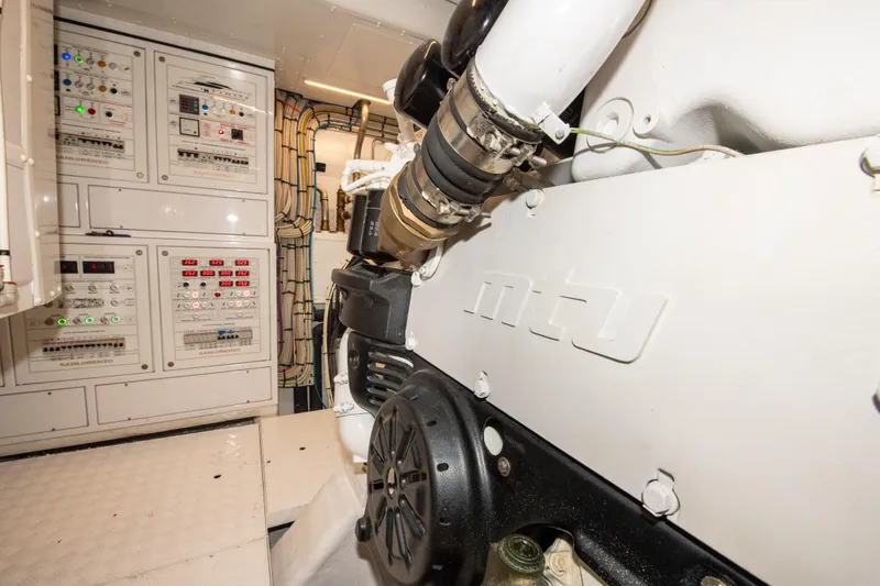 Slide: The Image of Engine room of 2016 Sanlorenzo SL86 yacht with MTU engine and control panels. - 28