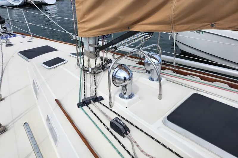 Slide: The Image of Deck of 1988 Sabre 42 sailboat with rigging and winches visible. - 6