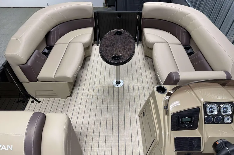 Slide: The Image of Luxurious interior of 2026 Sylvan Mirage 8520 Party Fish pontoon boat with plush seating. - 16