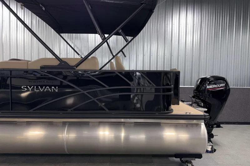 Slide: The Image of 2026 Sylvan Mirage 8520 Party Fish pontoon boat with Mercury outboard motor. - 24