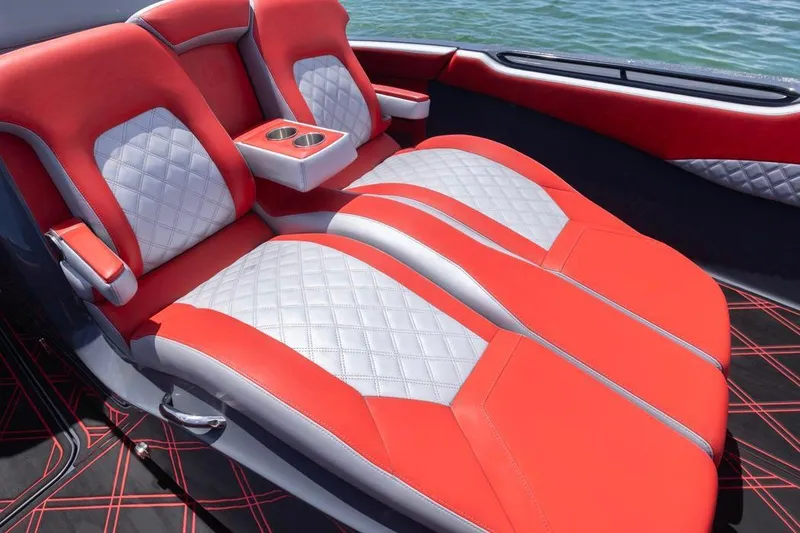 Slide: The Image of Luxurious red and white seating on 2022 Deep Impact 399 Sport boat. - 28