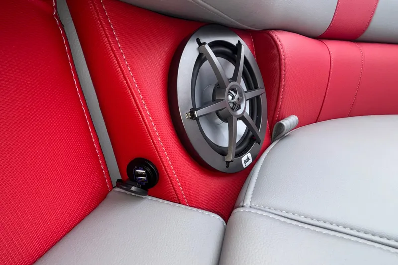 Slide: The Image of Red and gray seating with speaker and USB ports in 2025 Montara 25 Surf Boss. - 36