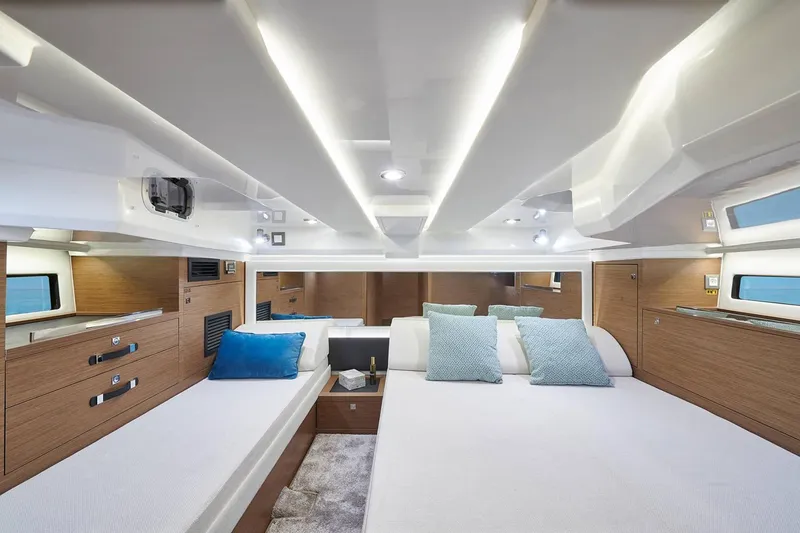 Slide: The Image of Manufacturer Provided Image: Luxurious cabin interior of 2022 Jeanneau Leader 12.5 WA with modern design and comfortable bedding. - 7