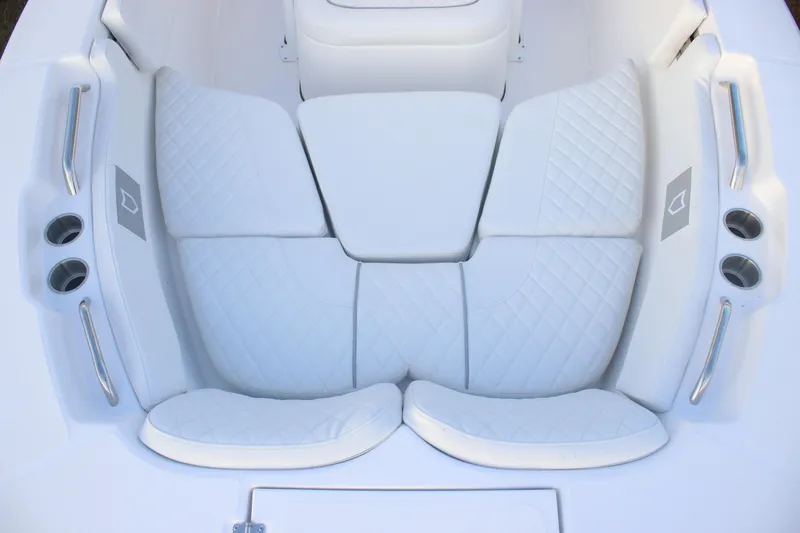 Slide: The Image of Luxurious seating on 2026 Sea Fox 228 Commander boat, featuring white quilted upholstery. - 10