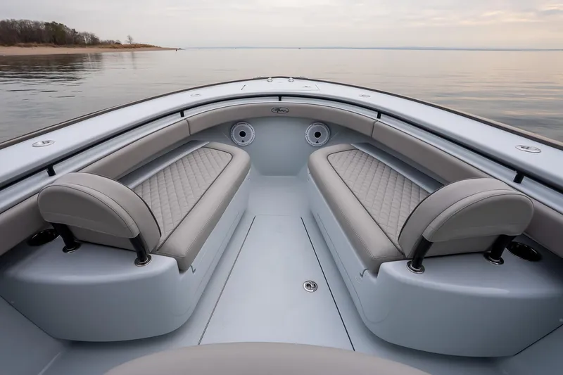 Slide: The Image of 2023 Valhalla Boatworks V-33 interior with luxurious seating on calm water. - 33
