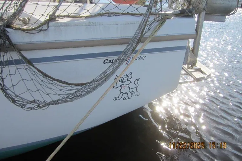 Slide: The Image of Catalina 30 MkII sailboat, 1986 model, docked with netting and cartoon graphic. - 14