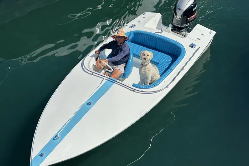 Slide: The Image of 1972 Donzi Sweet 16 Baby boat with a person and dog on calm water. - 4