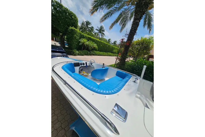 Slide: The Image of 1972 Donzi Sweet 16 Baby boat with blue interior, parked near palm trees. - 7