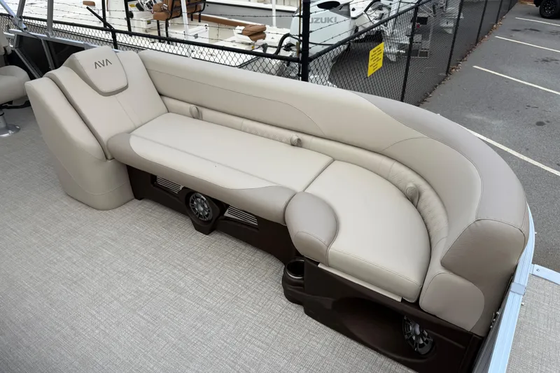 Slide: The Image of 2026 Avalon LSZ Versatile Rear Bench with beige upholstery on a boat deck. - 10
