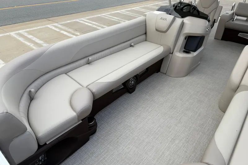 Slide: The Image of 2026 Avalon LSZ Versatile Rear Bench boat interior with plush seating and modern design. - 9