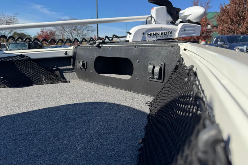 Slide: The Image of 2020 Ranger VS1682 WT boat interior with Minn Kota trolling motor and storage nets. - 5