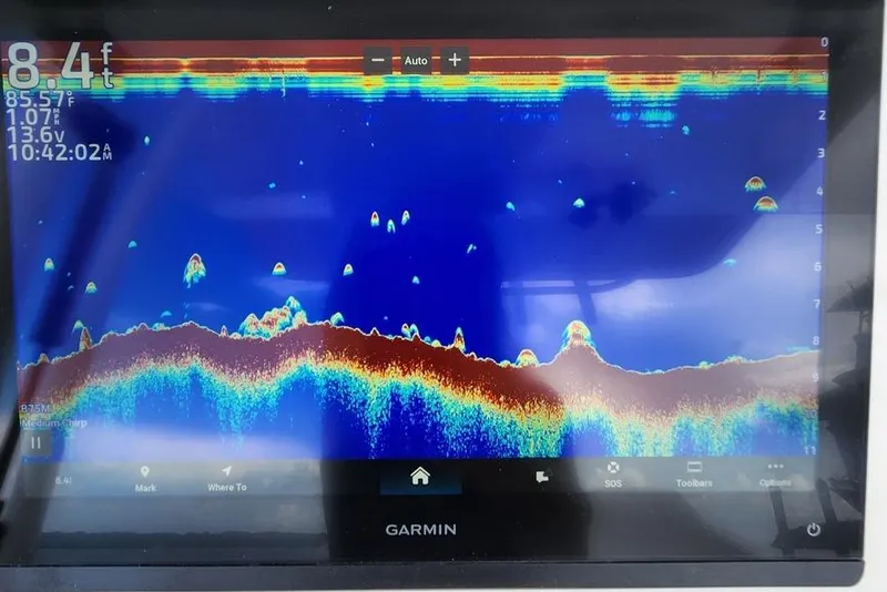 Slide: The Image of Garmin fishfinder display on 2017 Stamas 308 Predator, showing underwater terrain and fish. - 9
