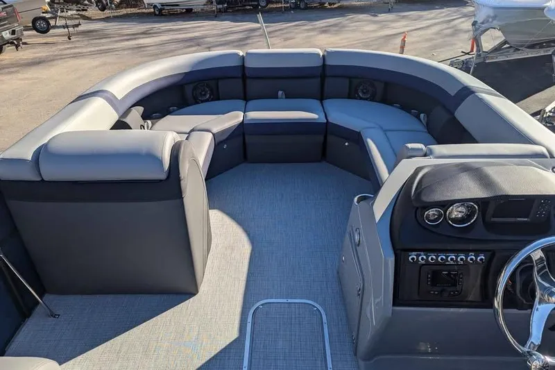 Slide: The Image of Luxurious interior of 2025 Berkshire 22CL CTS 3.0 pontoon boat with plush seating. - 9