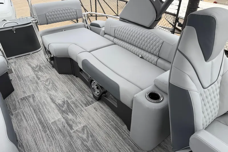 Slide: The Image of 2026 Avalon Catalina Quad Lounger Windshield interior with luxurious gray seating and modern design. - 23