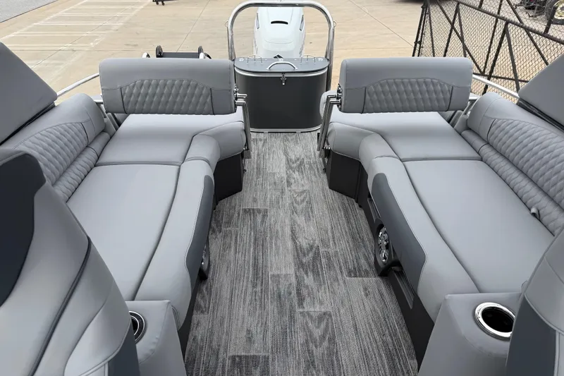 Slide: The Image of 2026 Avalon Catalina Quad Lounger Windshield with luxurious gray seating and modern design. - 30