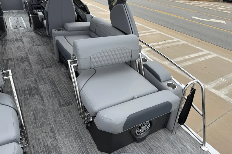 Slide: The Image of 2026 Avalon Catalina Quad Lounger Windshield with luxurious gray seating and modern design. - 31