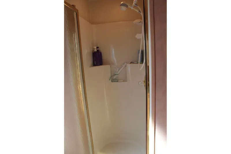 Slide: The Image of Shower area inside 1996 Stardust Cruisers 1655, featuring a handheld showerhead and toiletries. - 31