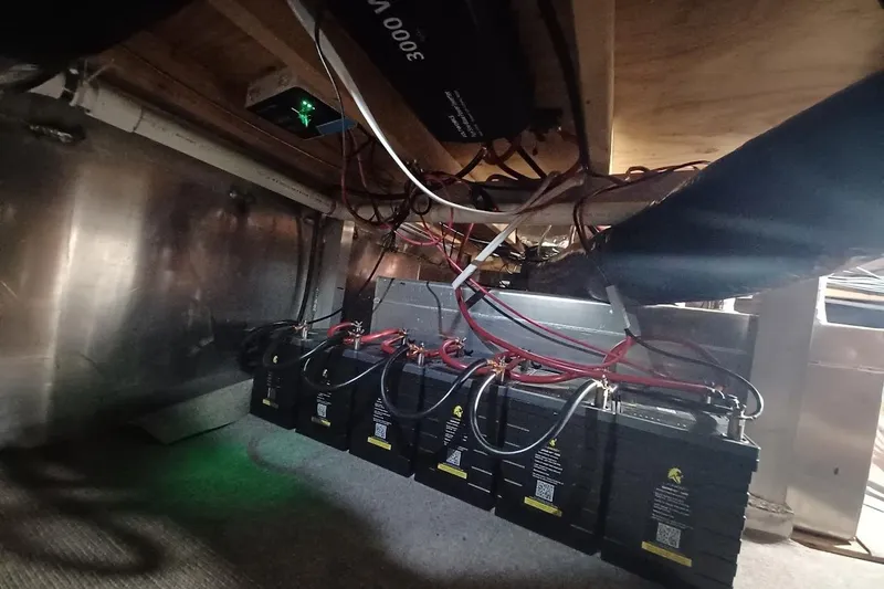 Slide: The Image of Battery setup in a 1996 Stardust Cruisers 1655, featuring wiring and inverter. - 35