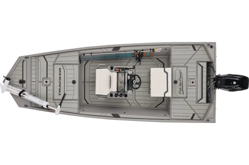 Slide: The Image of 2026 Tracker Bass Tracker Classic CC boat, top view, showcasing seating and fishing rod storage. - 2
