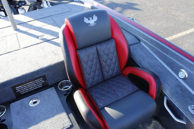 Slide: The Image of 2026 Phoenix 721 boat seat with red and black design, featuring diamond stitching. - 20