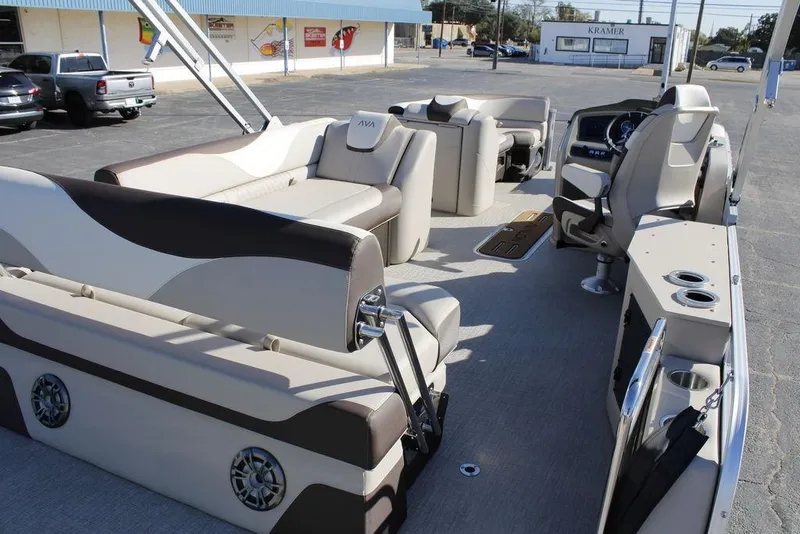 Slide: The Image of 2026 Avalon LSZ Cruise Rear Bench 26' pontoon boat interior with luxurious seating. - 16