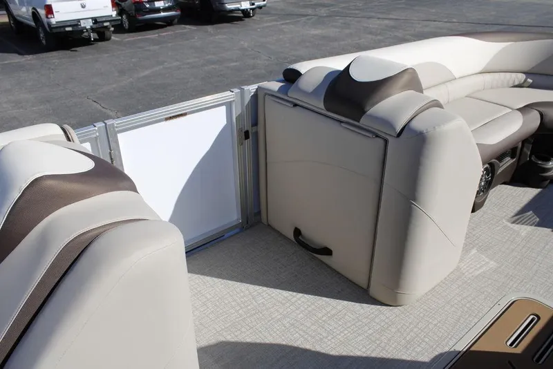 Slide: The Image of 2026 Avalon LSZ Cruise Rear Bench boat interior with beige and brown seating. - 18