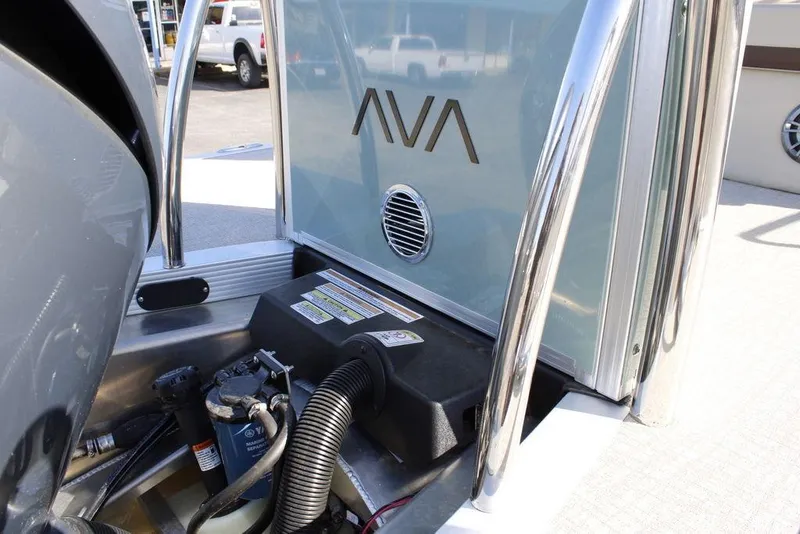 Slide: The Image of 2026 Avalon LSZ Cruise Rear Bench boat engine compartment with visible components. - 8