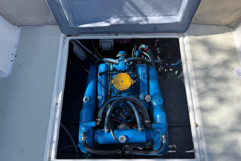 Slide: The Image of Engine compartment of a 1969 Custom Alglas Saint John 25 ft. Sportfisher, featuring a blue engine. - 18