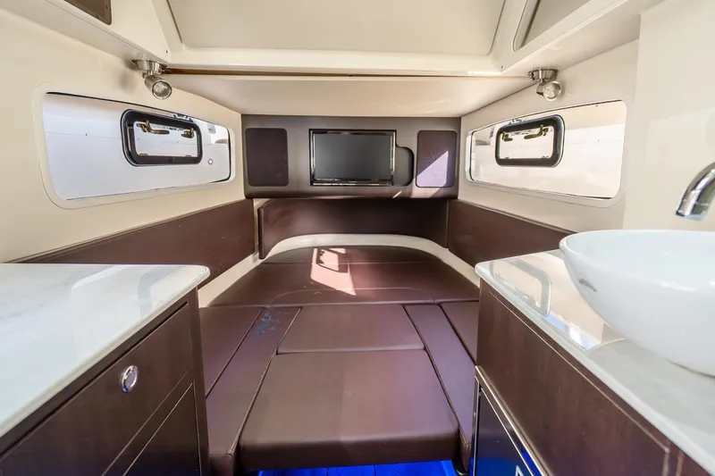 Slide: The Image of 2020 Scout 355 LXF cabin interior with modern amenities and sleek design. - 45