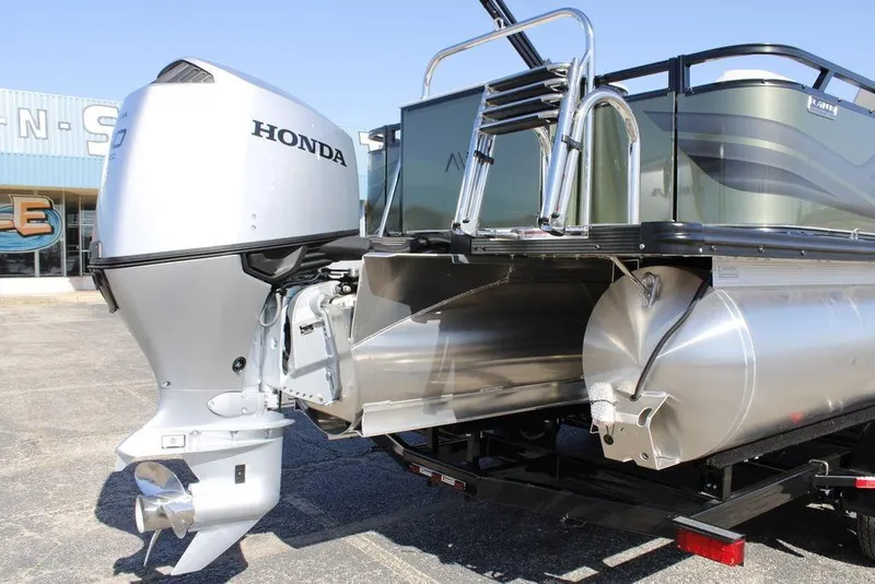Slide: The Image of 2026 Avalon Venture 85 Rear Fish boat with Honda outboard motor. - 1