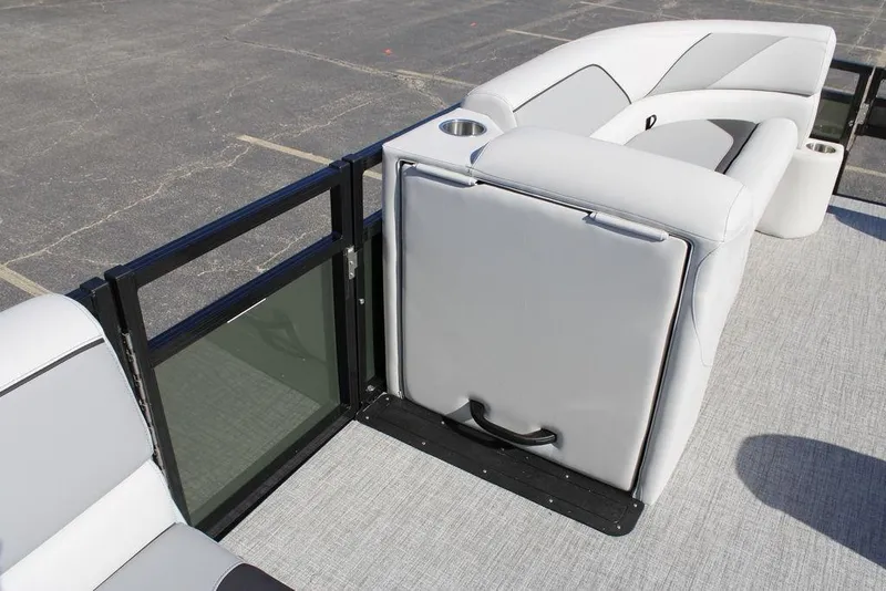 Slide: The Image of 2026 Avalon Venture 85 Rear Fish boat interior with sleek seating and cup holders. - 15