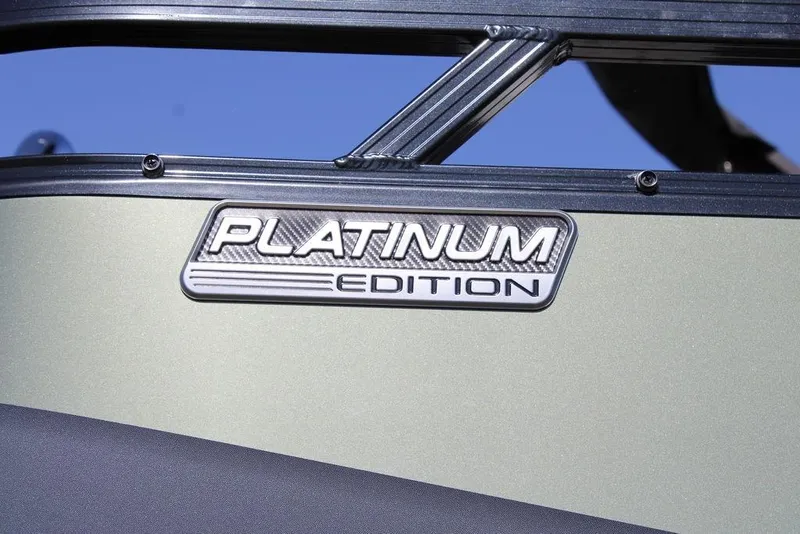 Slide: The Image of 2026 Avalon Venture 85 Rear Fish Platinum Edition badge on boat exterior. - 2