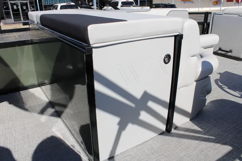 Slide: The Image of 2026 Avalon Venture 85 Rear Fish boat interior with seating and sleek design. - 32