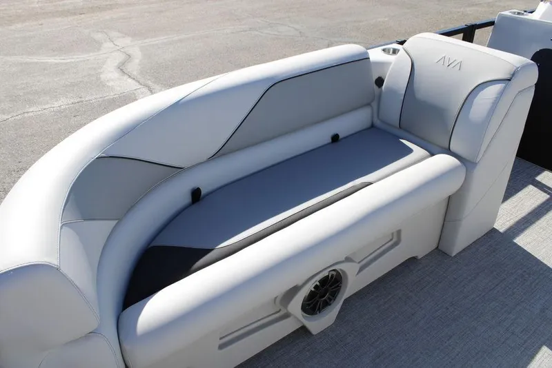 Slide: The Image of 2026 Avalon Venture 85 Rear Fish boat seat with sleek gray upholstery. - 8