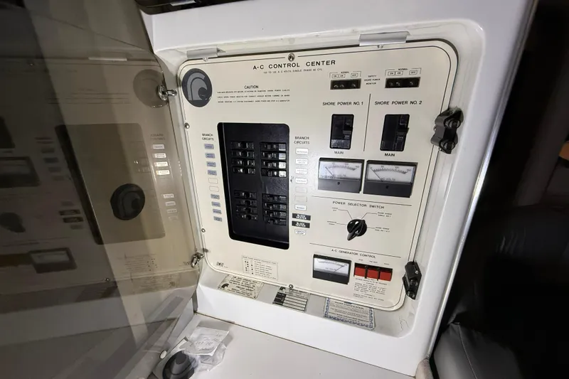 Slide: The Image of 1988 Trojan 13 Meter Express 430 AC control center with switches and meters. - 39