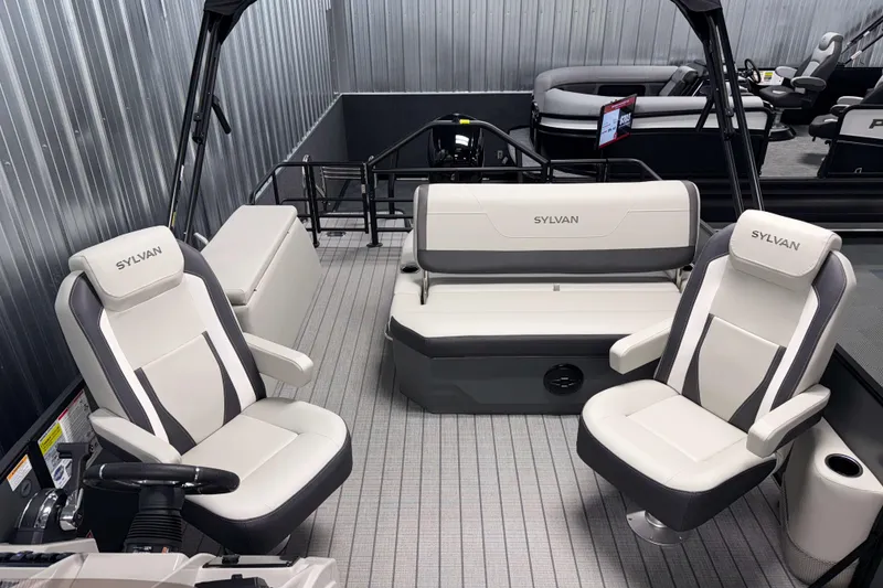 Slide: The Image of 2026 Sylvan Mirage X1 boat interior with modern seating and sleek design. - 5