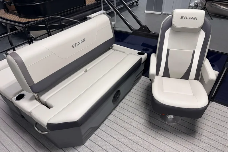 Slide: The Image of 2026 Sylvan MIRAGE X1 CLZ DH boat seats, featuring sleek white and gray design. - 14
