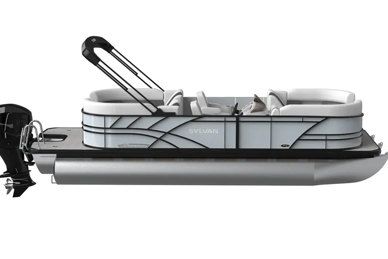 The Image of 2026 Sylvan Mirage X3 pontoon boat, sleek design, side view, modern seating, outboard motor. - 0