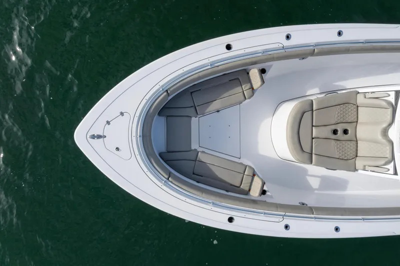 Slide: The Image of Top view of 2022 Sportsman Open 352 Center Console boat on water. - 11