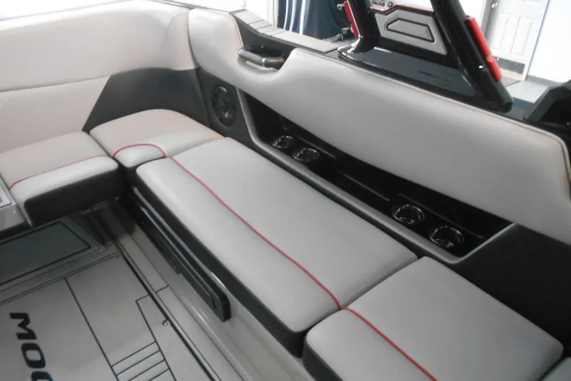 Slide: The Image of 2023 Moomba Max boat interior with sleek seating and modern design. - 19