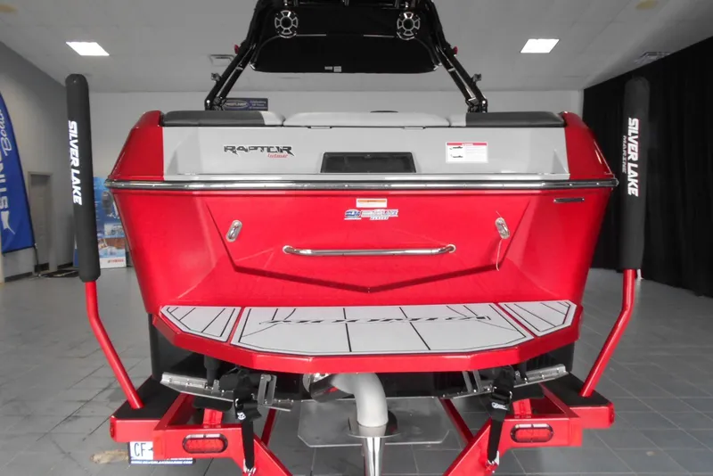 Slide: The Image of 2023 Moomba Max boat rear view, featuring Raptor engine and Silver Lake branding. - 5