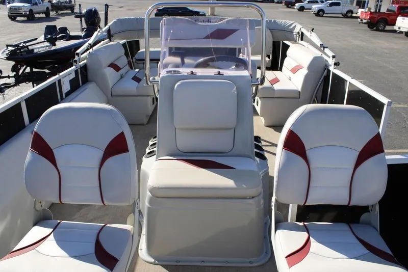 Slide: The Image of 2021 SunCatcher Select 22C pontoon boat interior with white and red seating. - 12