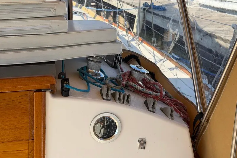 Slide: The Image of Cockpit of 1984 Sabre 34-1 sailboat with winches and ropes. - 33