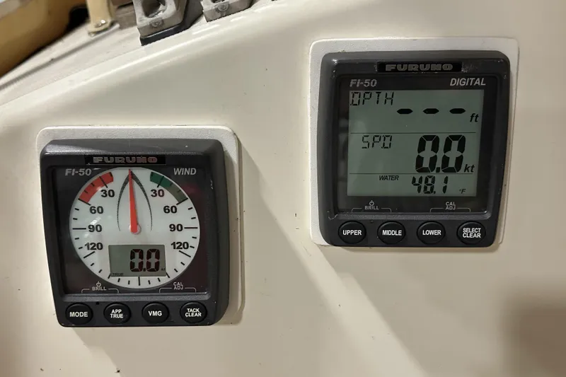 Slide: The Image of Furuno FI-50 wind and digital displays on 1984 Sabre 34-1 sailboat dashboard. - 39