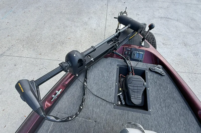 Slide: The Image of Triton Tr-186 boat deck with trolling motor and control panel, 2000 model. - 10