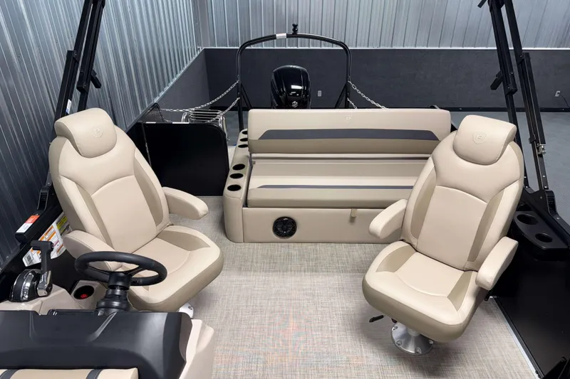 Slide: The Image of 2026 Premier 200 Sunscape RL boat interior with beige seating and modern design. - 19