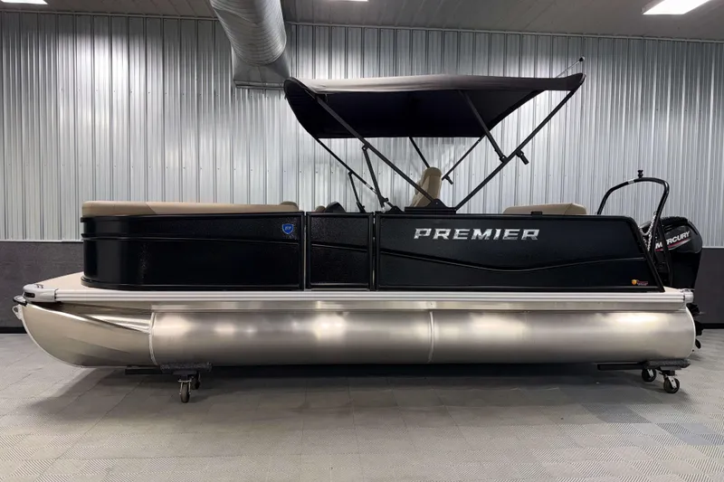Slide: The Image of 2026 Premier 200 Sunscape RL pontoon boat in showroom, featuring sleek design and canopy. - 4