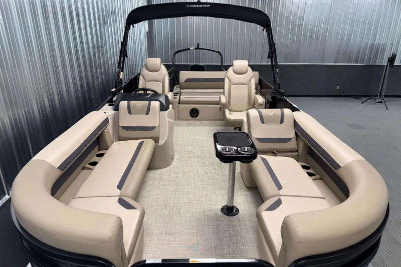 Slide: The Image of 2026 Premier 200 Sunscape RL pontoon boat with luxurious beige seating and modern design. - 9