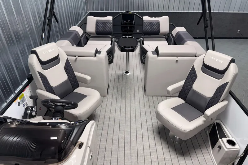 Slide: The Image of 2026 Sylvan L3 LZ pontoon boat interior with luxurious seating and modern design. - 5